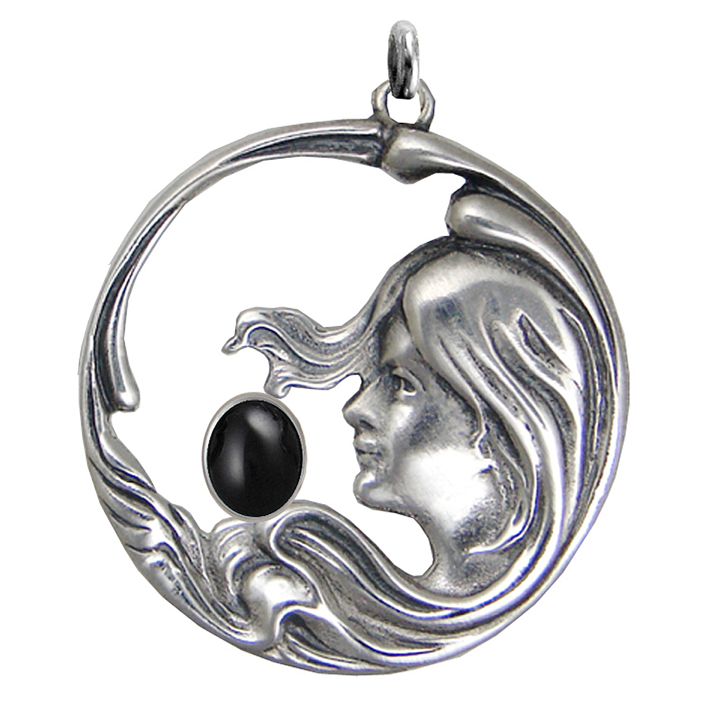 Sterling Silver Woman Maiden of the Wind Pendant With Black Onyx